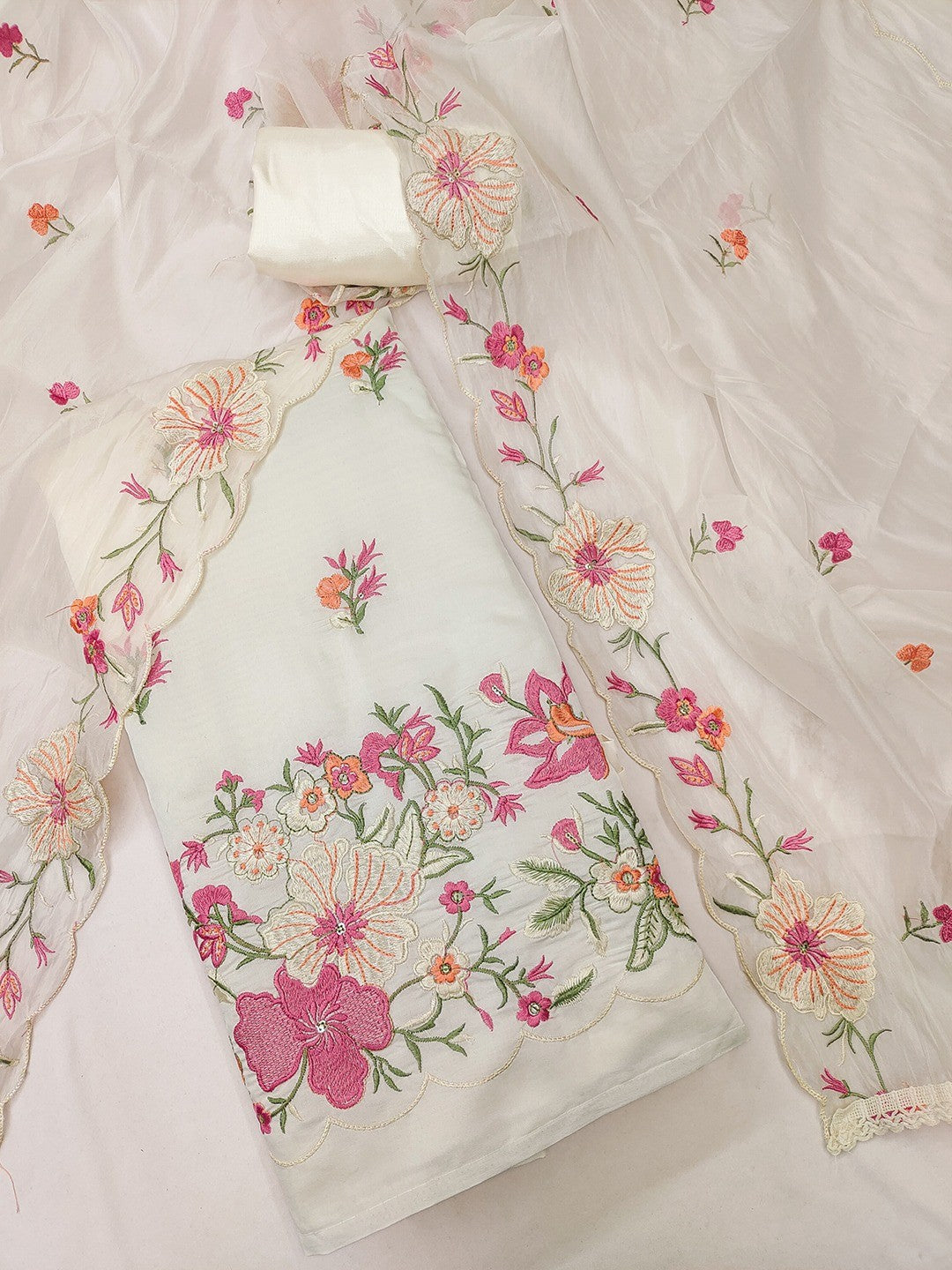 Charming Cream Floral Thread Embroidered With Sequins Work Roman Art Silk Dress Material - Image 3