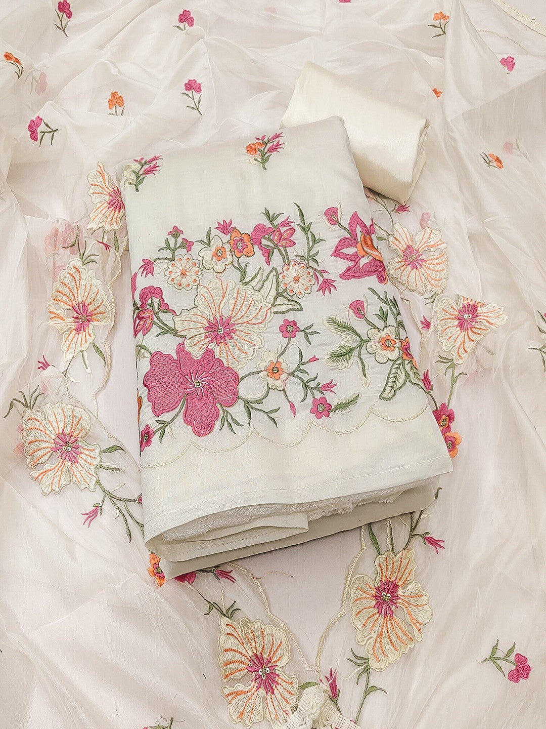 Charming Cream Floral Thread Embroidered With Sequins Work Roman Art Silk Dress Material - Image 4