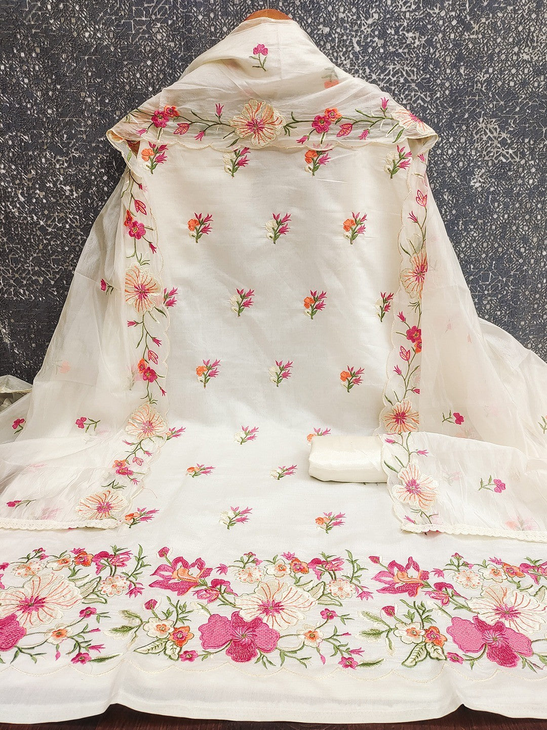 Charming Cream Floral Thread Embroidered With Sequins Work Roman Art Silk Dress Material - Image 5