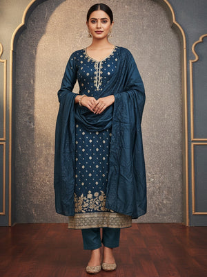 Morpich Blue Floral Woven Banarasi Silk Dress Material Adorned With Sequins Hand Embellishment - Image 1