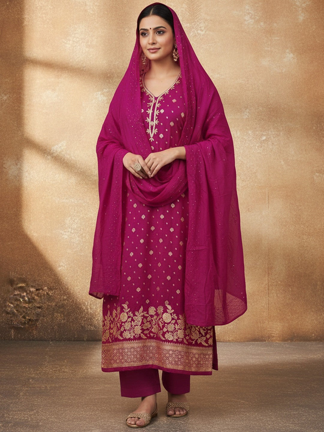 Rani Pink Floral Woven Banarasi Silk Dress Material Adorned With Sequins Hand Embellishment - Image 1