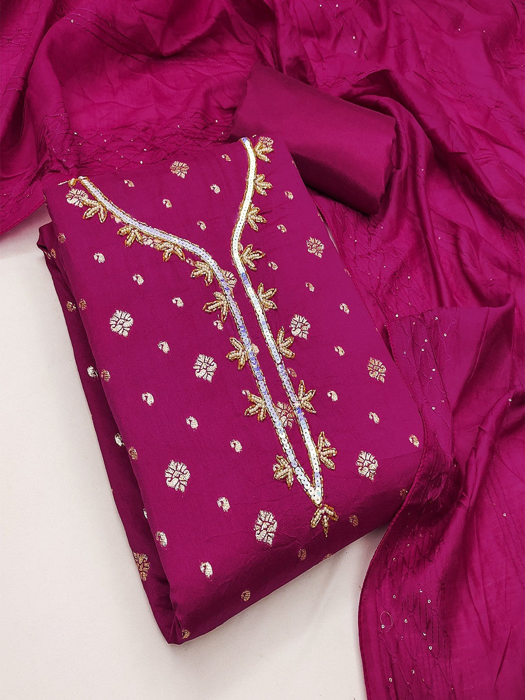 Rani Pink Floral Woven Banarasi Silk Dress Material Adorned With Sequins Hand Embellishment - Image 4