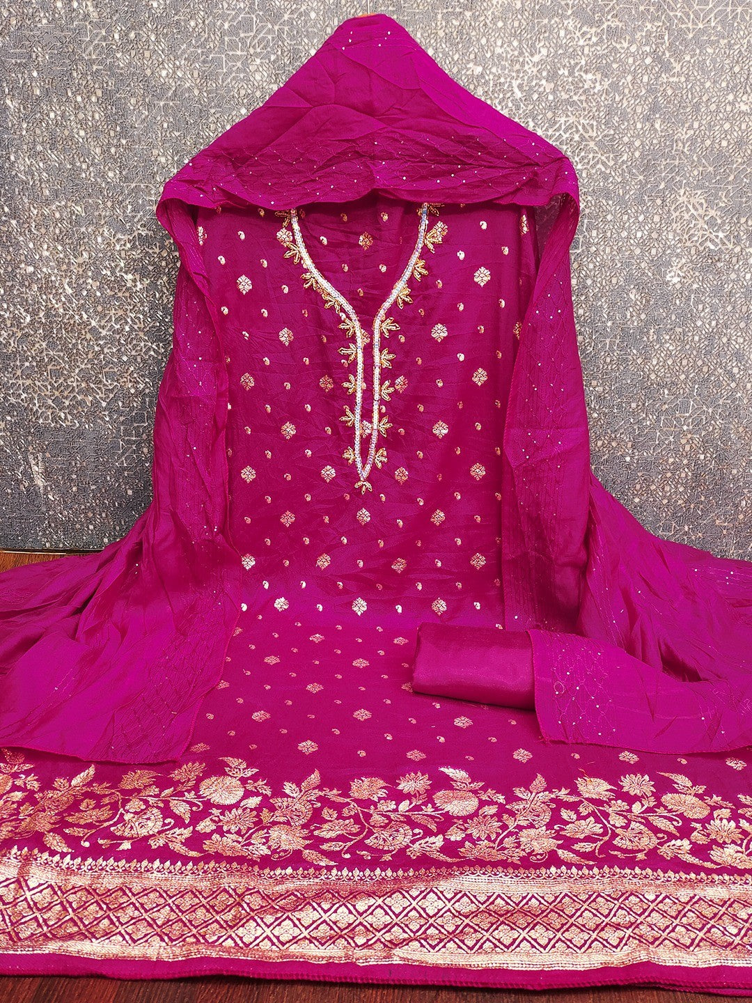 Rani Pink Floral Woven Banarasi Silk Dress Material Adorned With Sequins Hand Embellishment - Image 3