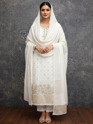 Offwhite Floral Woven Banarasi Silk Dress Material Adorned With Sequins Hand Embellishment - Image 1