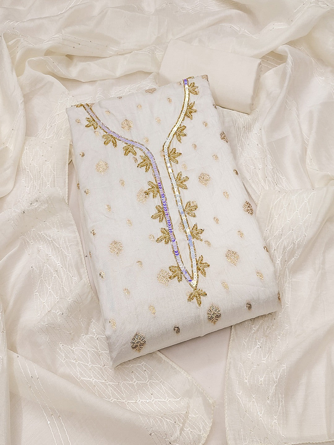 Offwhite Floral Woven Banarasi Silk Dress Material Adorned With Sequins Hand Embellishment - Image 5