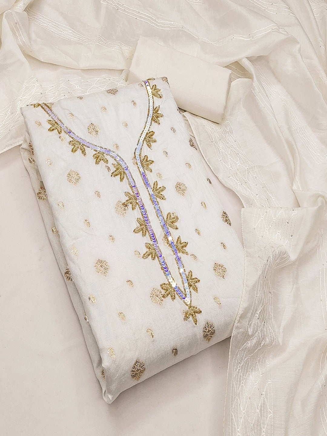 Offwhite Floral Woven Banarasi Silk Dress Material Adorned With Sequins Hand Embellishment - Image 2