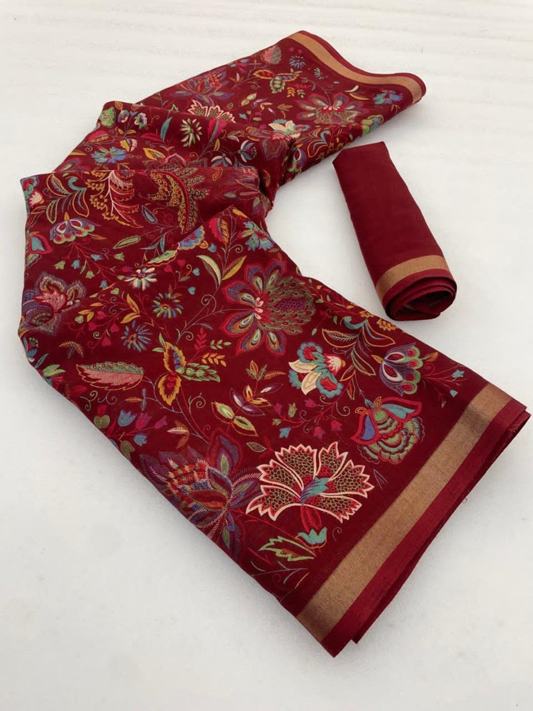 Ethnic Maroon Chanderi Silk Saree with Detailed Floral Pattern - Image 3
