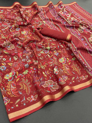 Ethnic Maroon Chanderi Silk Saree with Detailed Floral Pattern - Image 2