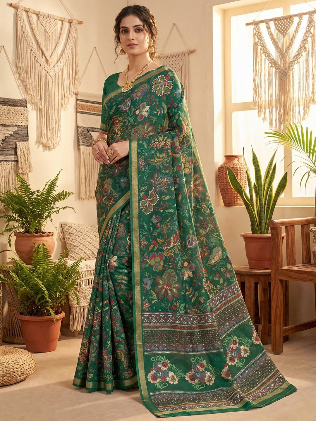 Ethnic Green Chanderi Silk Saree with Detailed Floral Pattern - Image 1