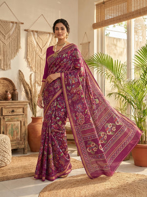 Ethnic Magenta Chanderi Silk Saree with Detailed Floral Pattern - Image 1