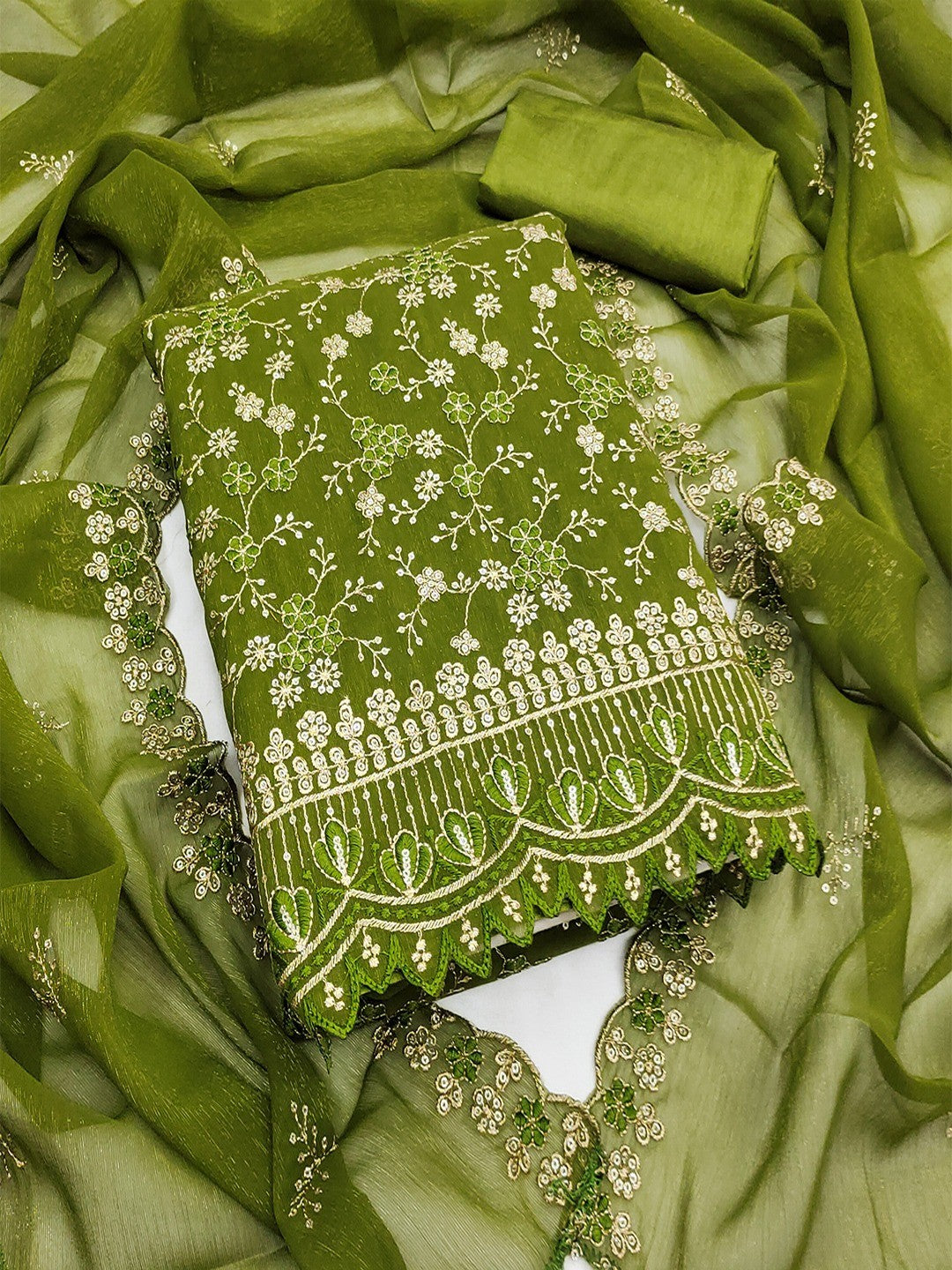 Elegant Mehendi Green Floral Thread & Zari Embroidery With Sequins Crunchy Shimmer Dress Material - Image 4