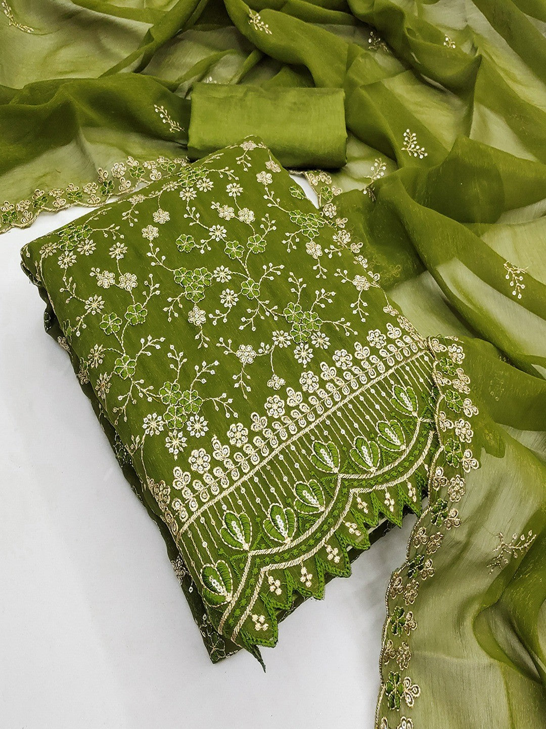 Elegant Mehendi Green Floral Thread & Zari Embroidery With Sequins Crunchy Shimmer Dress Material - Image 3