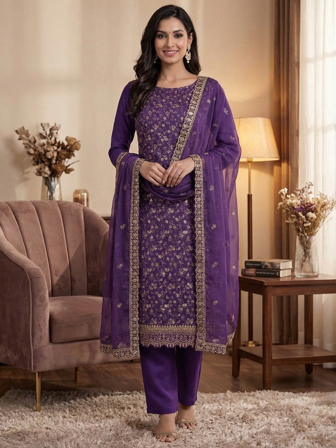 Elegant Purple Floral Thread & Zari Embroidery With Sequins Crunchy Shimmer Dress Material - Image 1