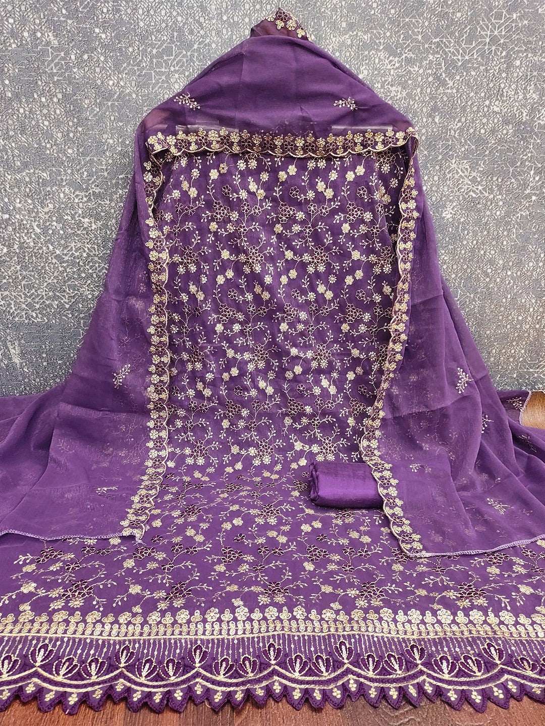 Elegant Purple Floral Thread & Zari Embroidery With Sequins Crunchy Shimmer Dress Material - Image 3