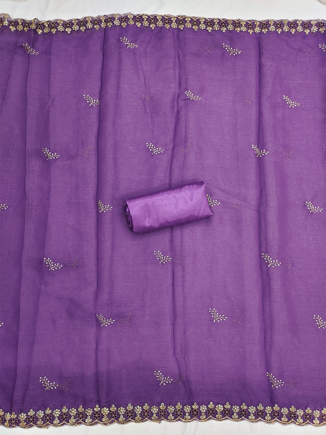 Elegant Purple Floral Thread & Zari Embroidery With Sequins Crunchy Shimmer Dress Material - Image 2