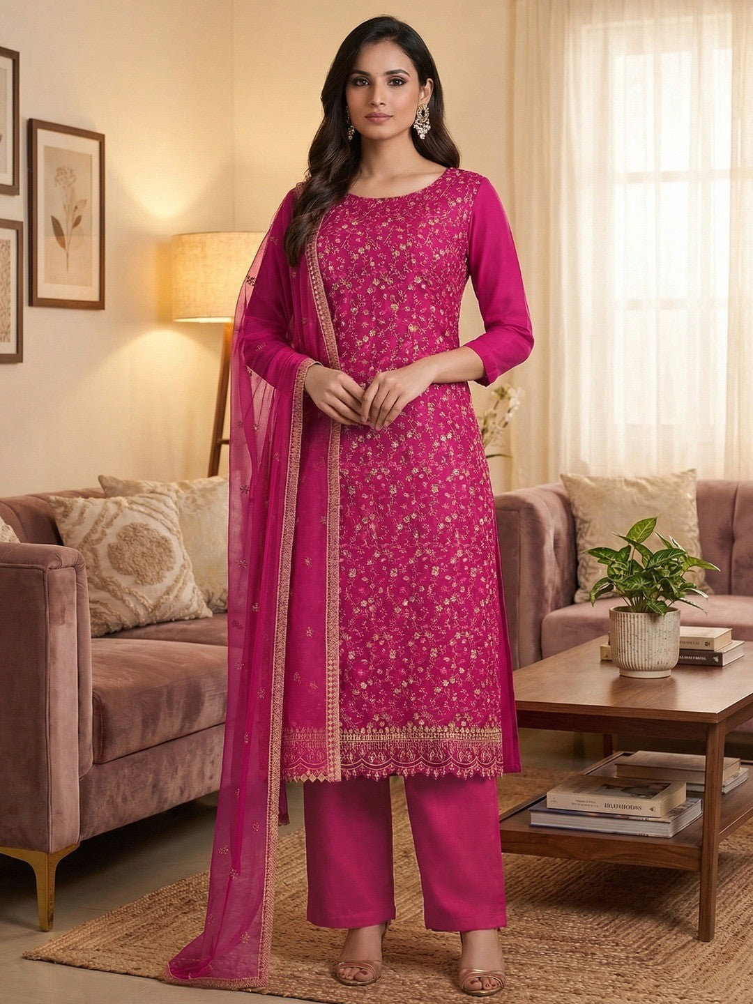 Elegant Rani Pink Floral Thread & Zari Embroidery With Sequins Crunchy Shimmer Dress Material - Image 1
