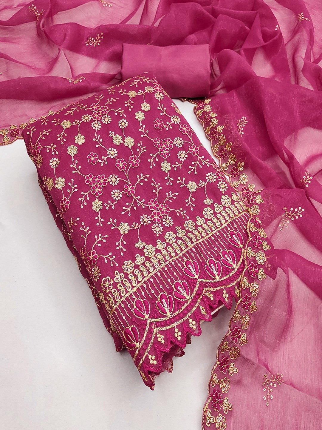 Elegant Rani Pink Floral Thread & Zari Embroidery With Sequins Crunchy Shimmer Dress Material - Image 4