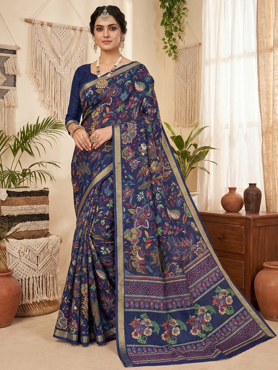 Ethnic Blue Chanderi Silk Saree with Detailed Floral Pattern - Image 1