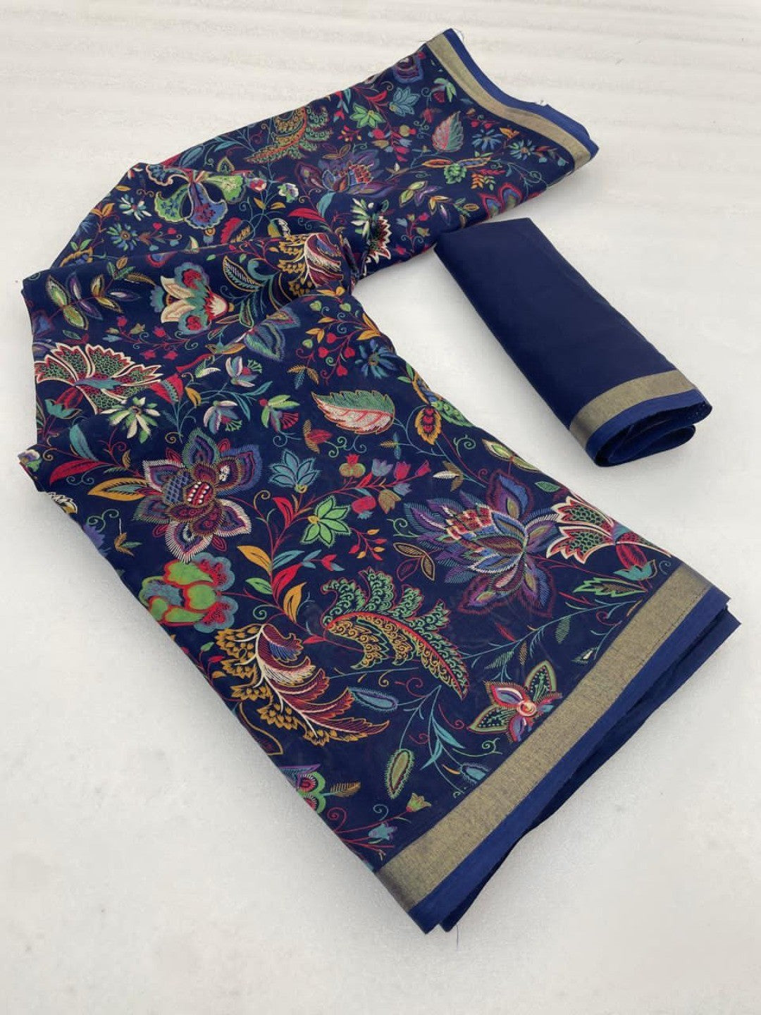 Ethnic Blue Chanderi Silk Saree with Detailed Floral Pattern - Image 3