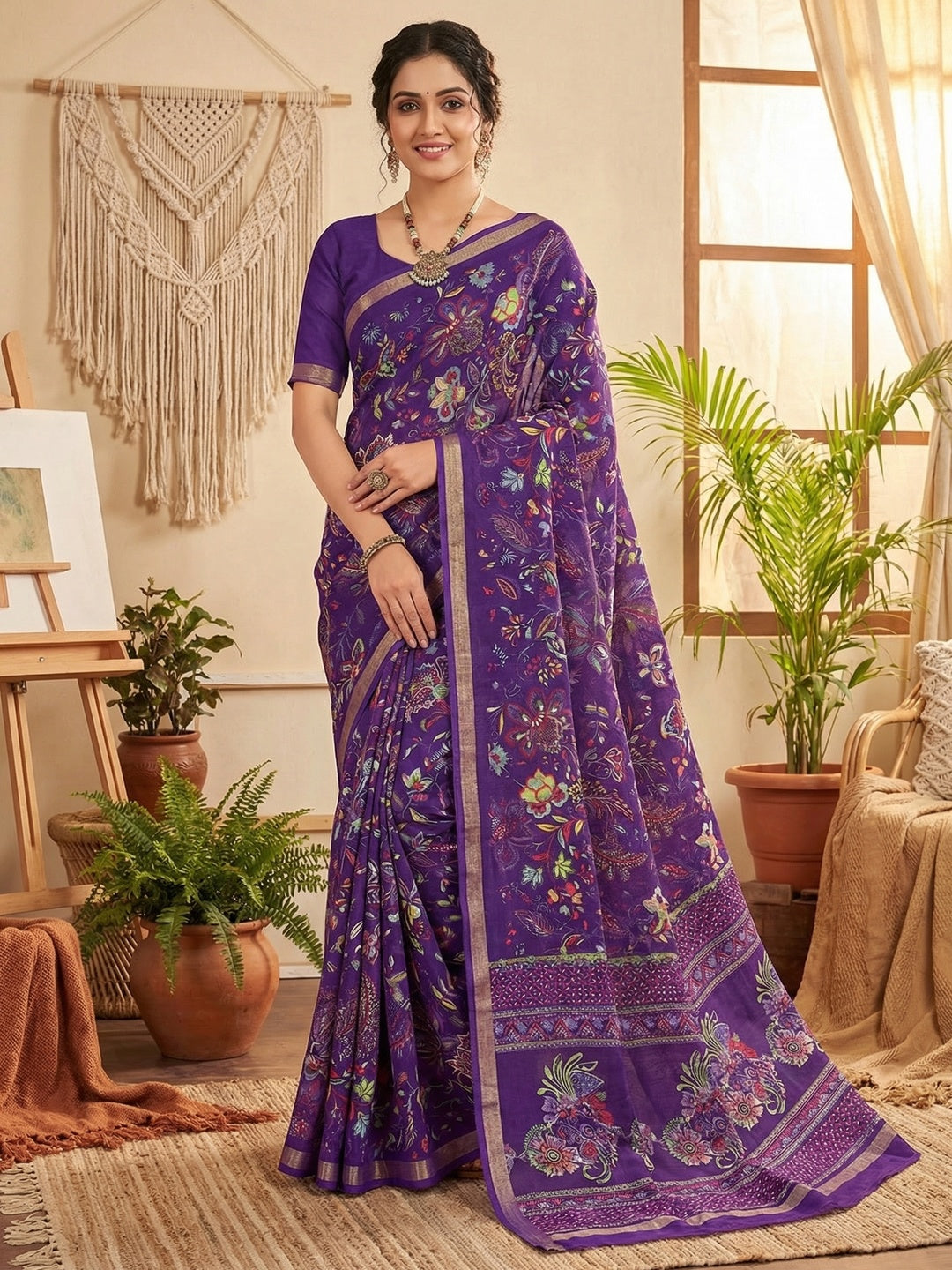 Ethnic Purple Chanderi Silk Saree with Detailed Floral Pattern - Image 1