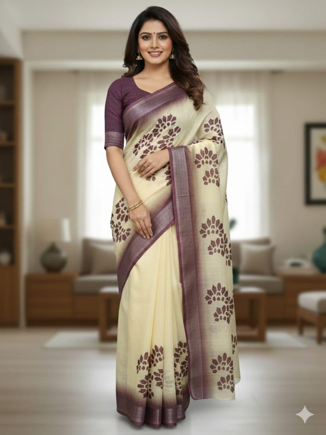 Beige Linen Saree with Floral Print and Zari Border - Image 1