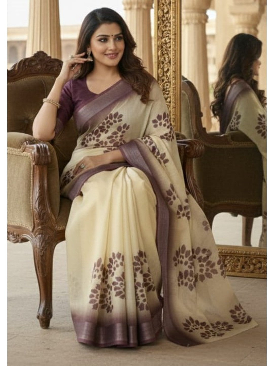 Beige Linen Saree with Floral Print and Zari Border - Image 5