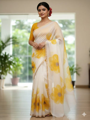 Cream Linen Saree with Yellow Floral Print and Zari Border - Image 1