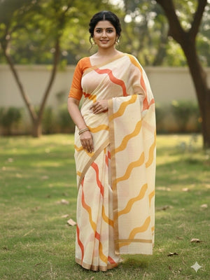 Festive Wear Chikoo Linen Saree with Stylish Zari Woven Border - Image 1