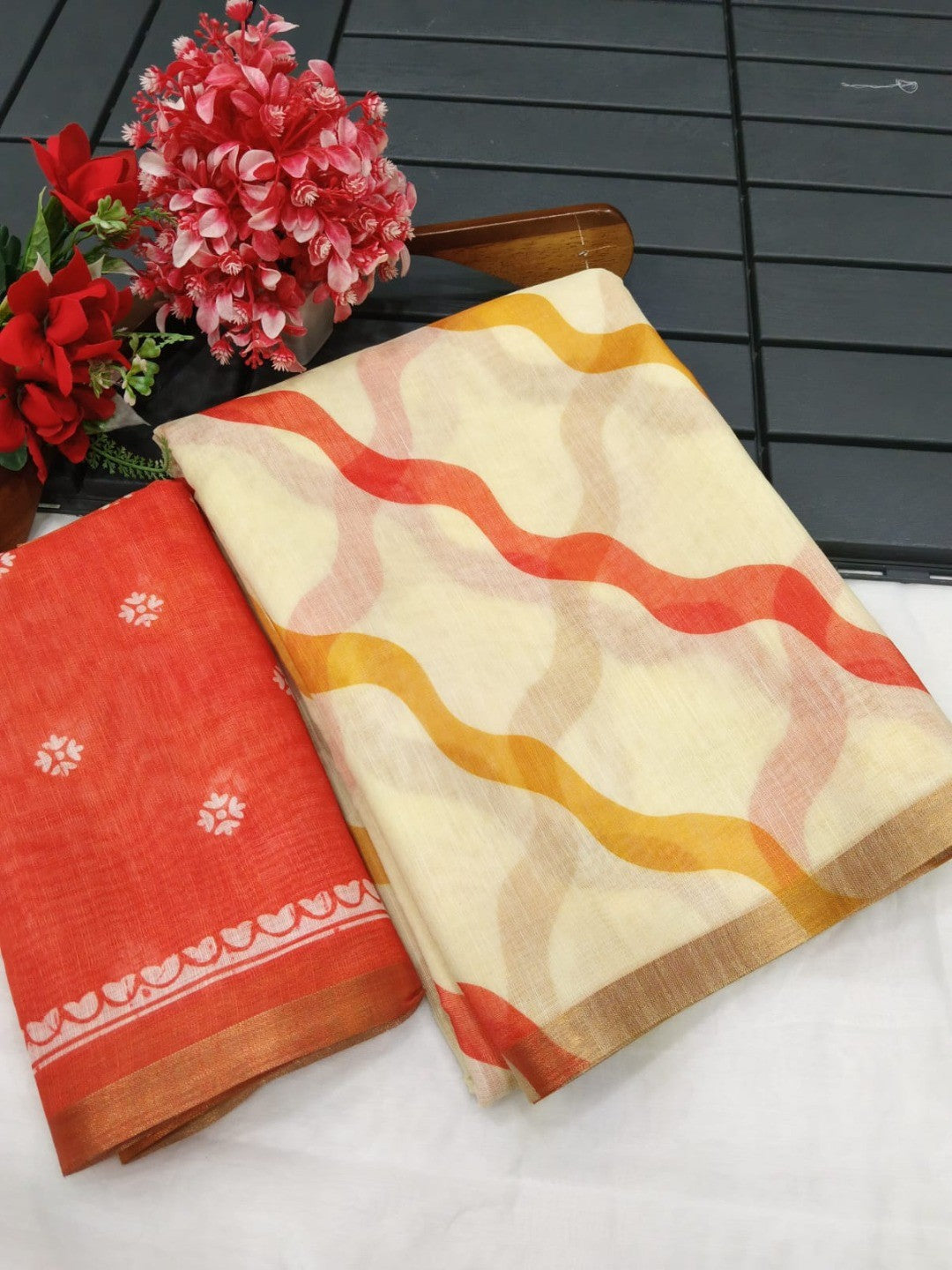 Festive Wear Chikoo Linen Saree with Stylish Zari Woven Border - Image 3