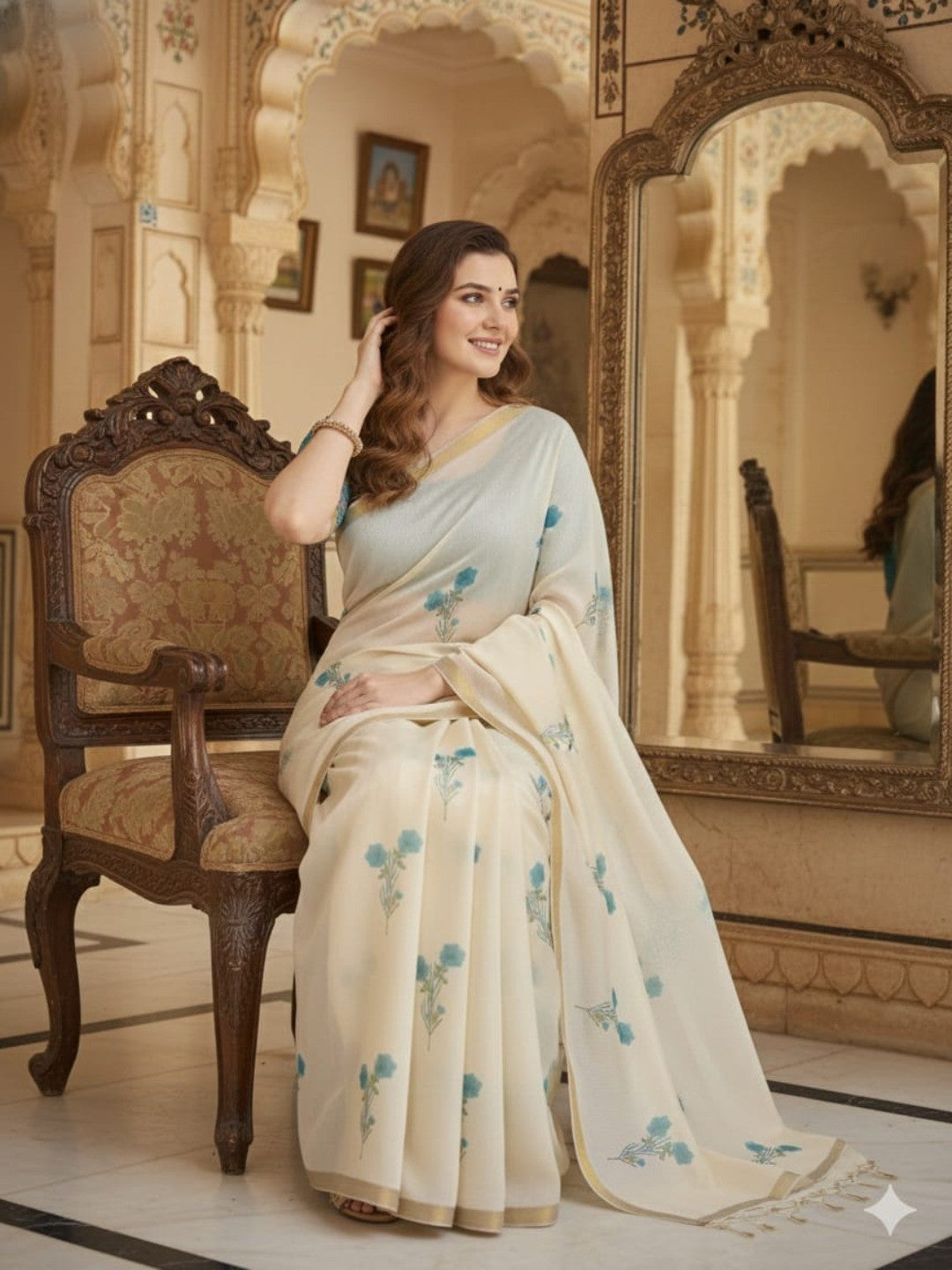 Premium Cream Floral Print Linen Saree With Elegant Zari Woven Border - Image 4