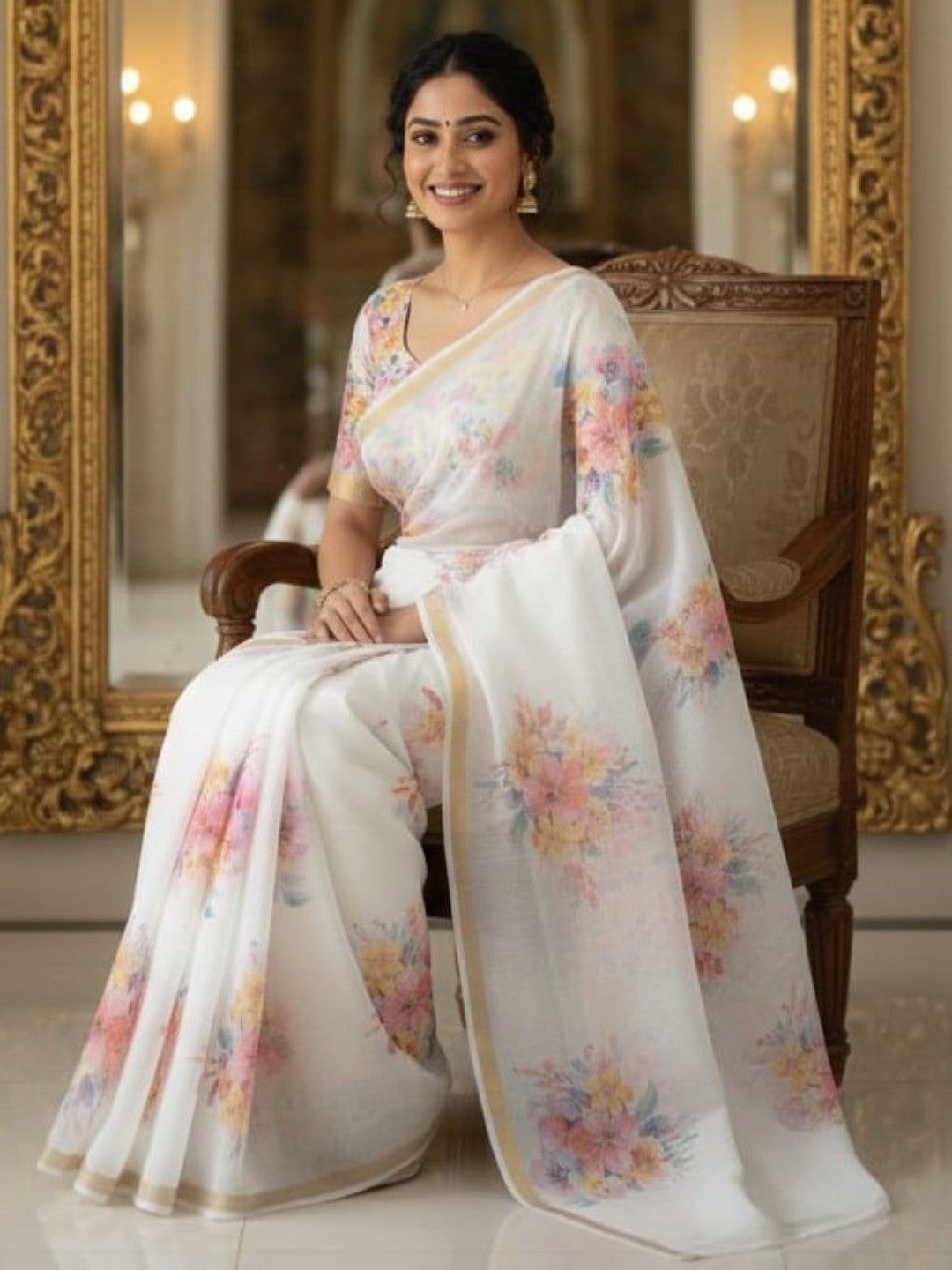 Stunning White Linen Saree With Delicate Floral Print & Zari Border - Image 4