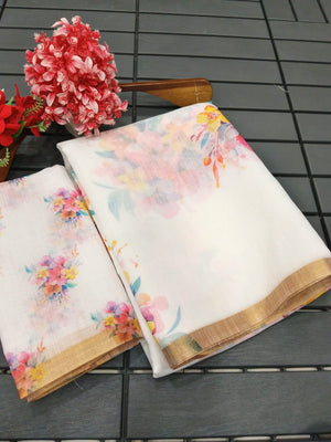 Stunning White Linen Saree With Delicate Floral Print & Zari Border - Image 2