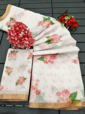Elegant Cream Linen Saree With Delicate Floral Print & Zari Border - Image 2