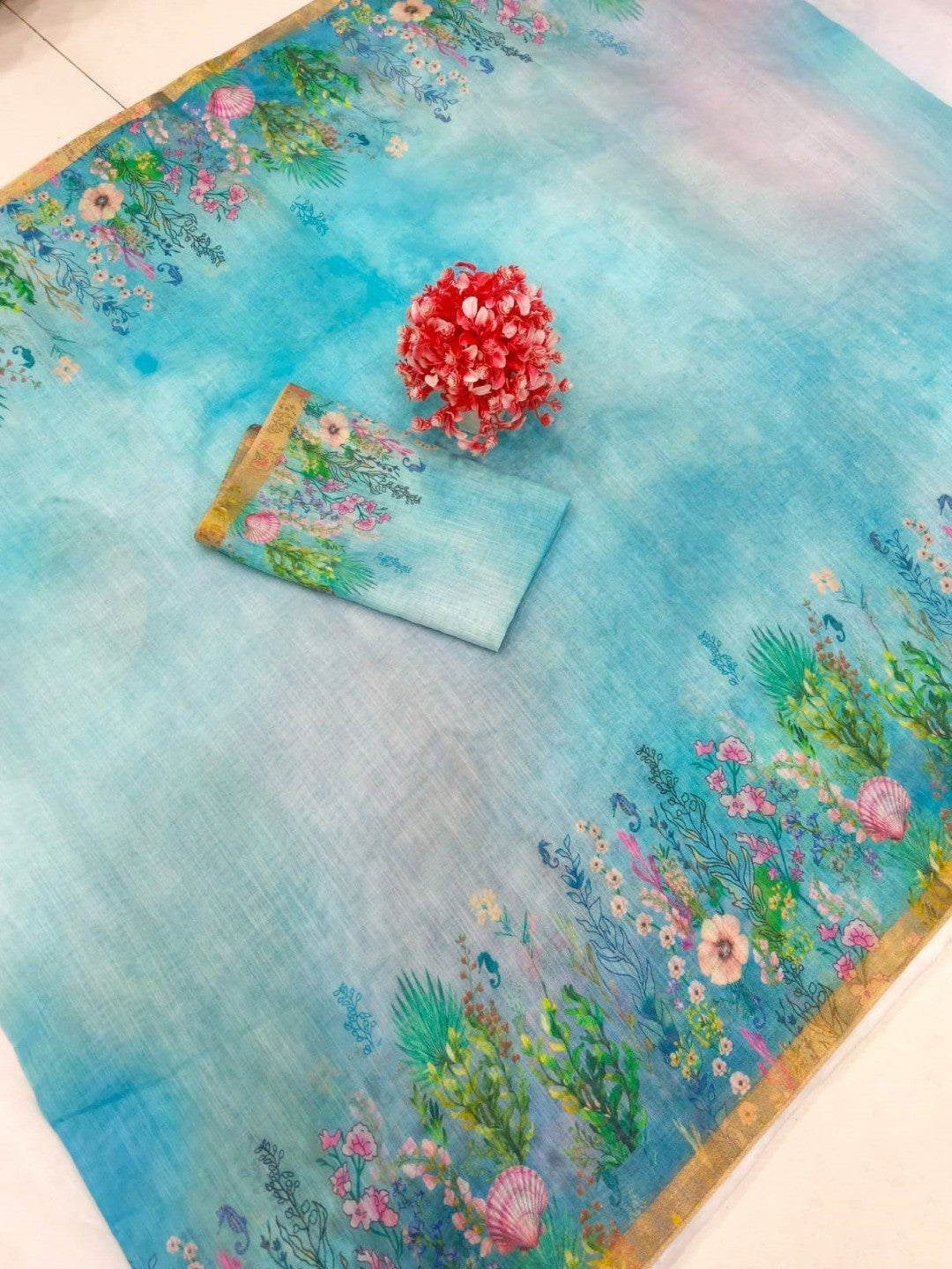 Elegant Blue Linen Cotton Saree with Floral Print and Zari Border - Image 2