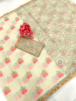 Ethnic Beige Linen Saree with Graceful Floral Printed Motif Work - Image 2