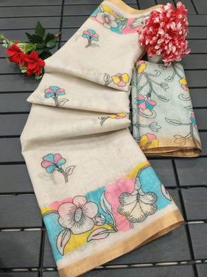 Ethnic Beige Linen Saree with Graceful Floral Printed Motif Work - Image 3
