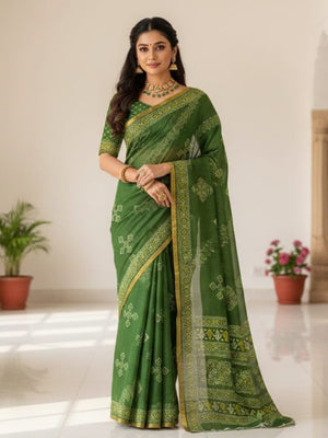Elegant Green Linen Saree with Geometric Print and Zari Border - Image 1