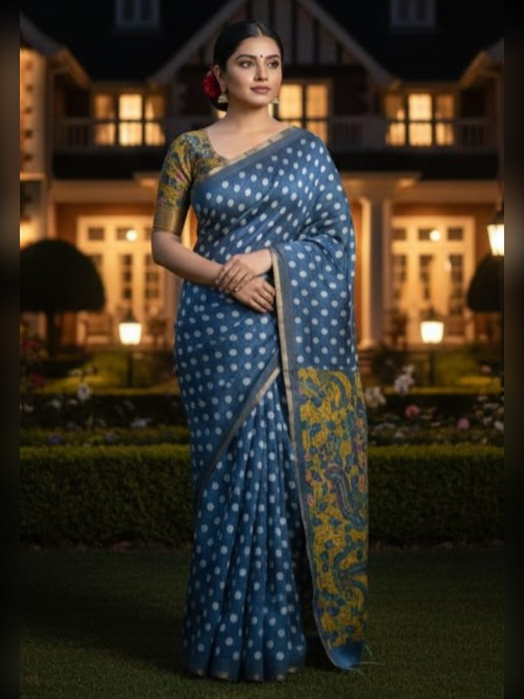 Elegant Blue Linen Saree with Polka Dot Print and Kalamkari Border - Image 1