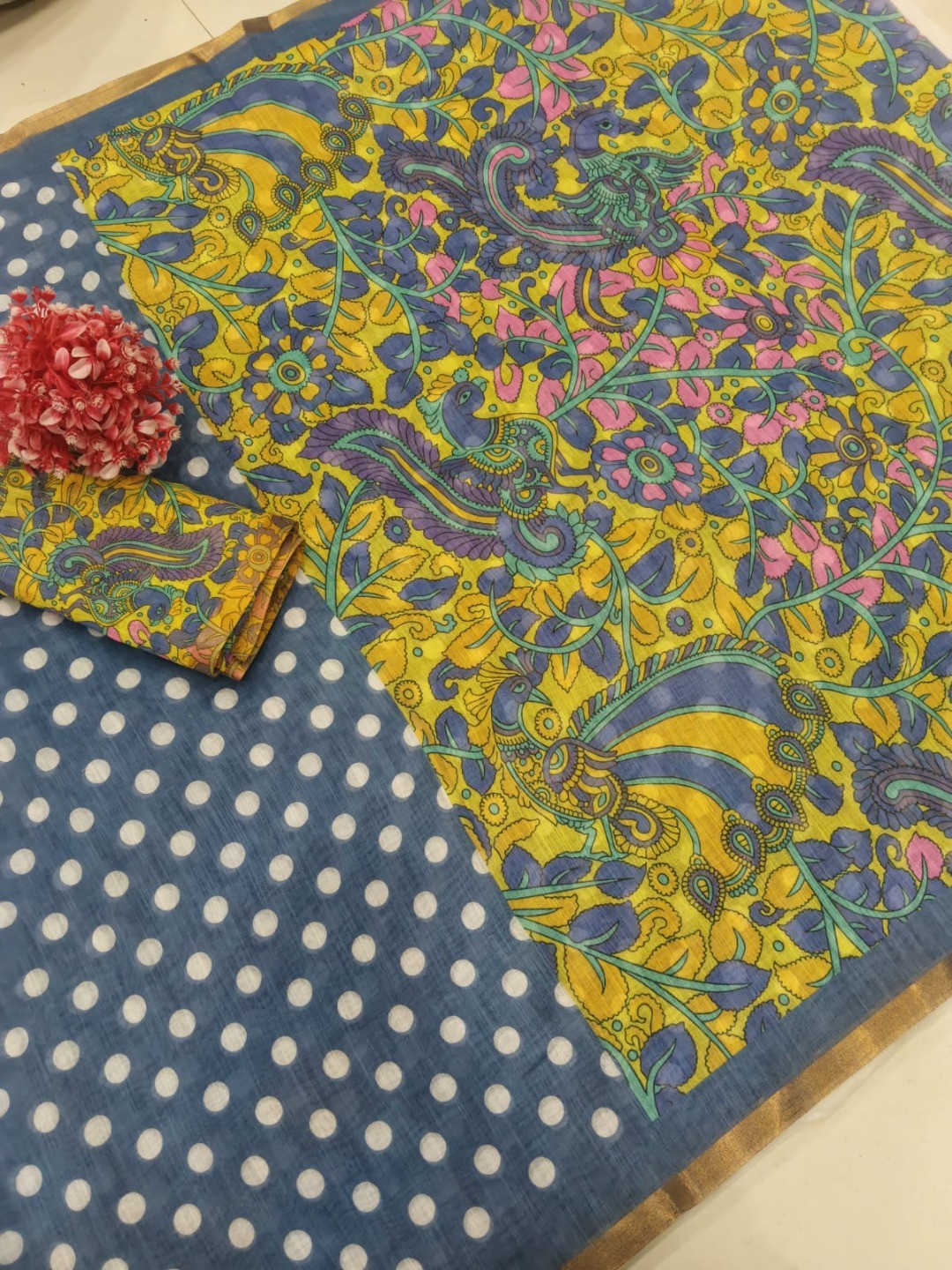 Elegant Blue Linen Saree with Polka Dot Print and Kalamkari Border - Image 2