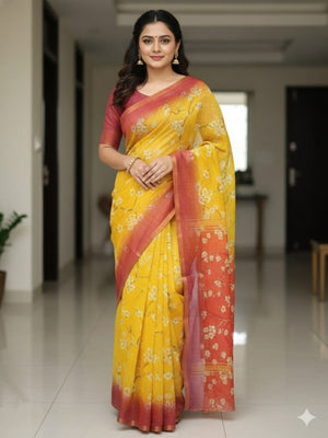 Elegant Yellow Floral Printed Linen Saree with Red Border - Image 1