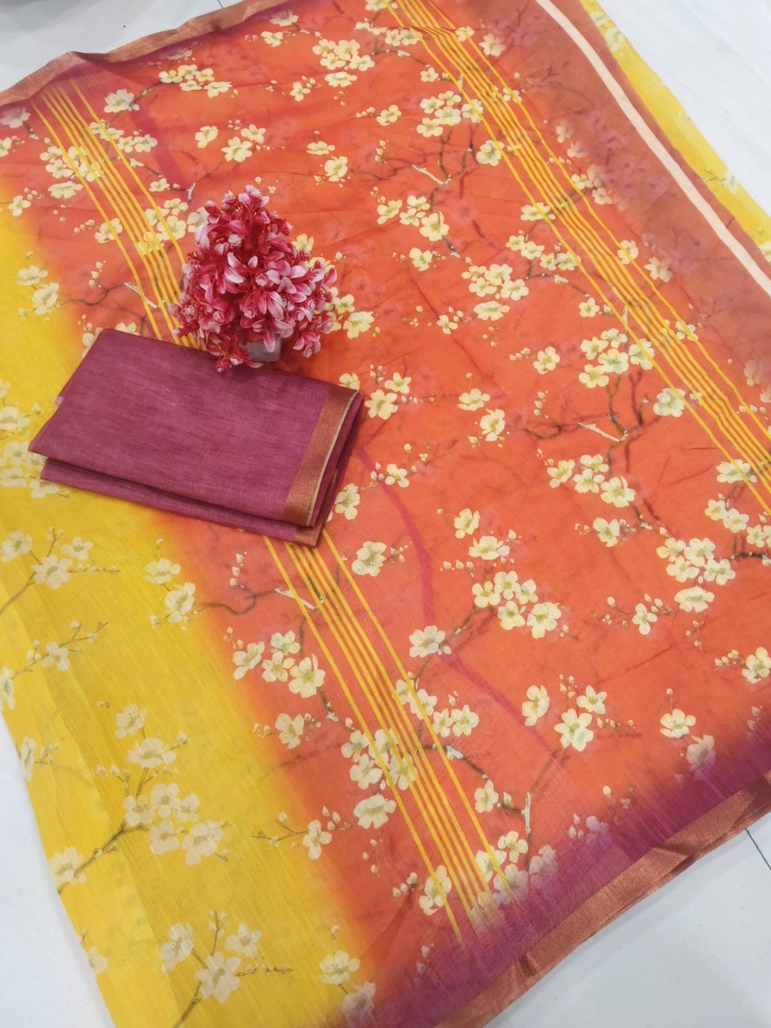 Elegant Yellow Floral Printed Linen Saree with Red Border - Image 2