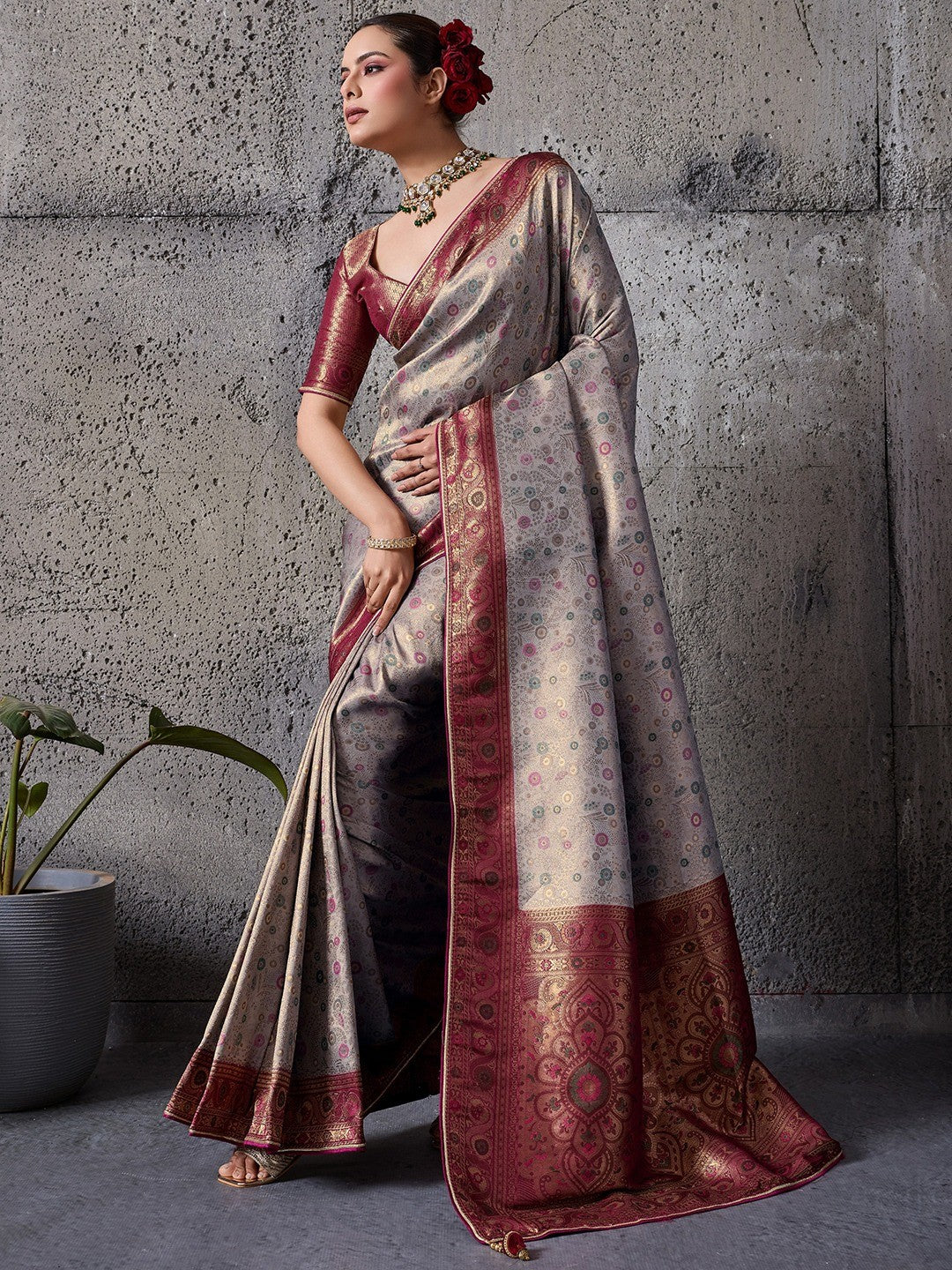 Elegant Grey Kanjivaram Silk Saree with Meenakari Weave & Maroon Border - Image 1