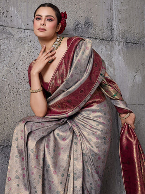 Elegant Grey Kanjivaram Silk Saree with Meenakari Weave & Maroon Border - Image 2