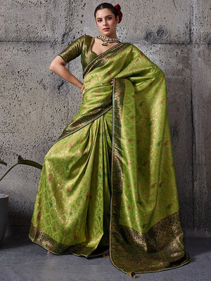 Elegant Green Kanjivaram Silk Saree with Meenakari Weave & Green Border - Image 1