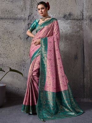 Elegant Pink Kanjivaram Silk Saree with Meenakari Weave & Rama Green Border - Image 1