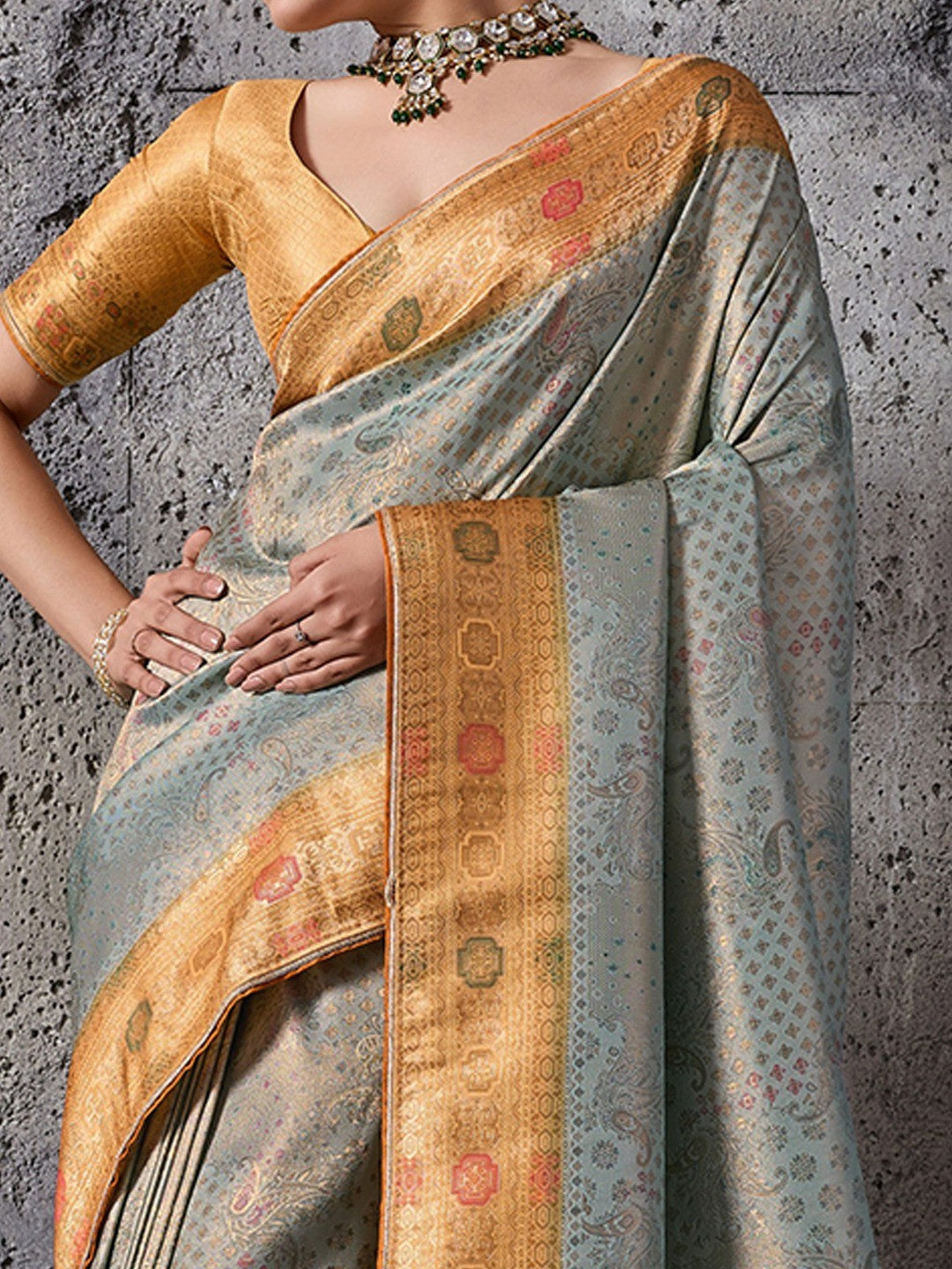 Elegant Pastel Sea Green Kanjivaram Silk Saree with Meenakari Weave & Mustard Border - Image 5