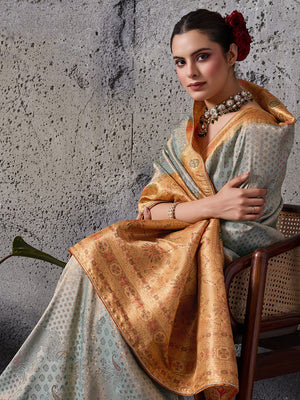 Elegant Pastel Sea Green Kanjivaram Silk Saree with Meenakari Weave & Mustard Border - Image 2