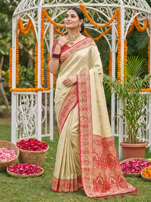 Elegant Cream & Red Floral Weaving Silk Blend Saree With Rich Tassel Pallu - Image 1