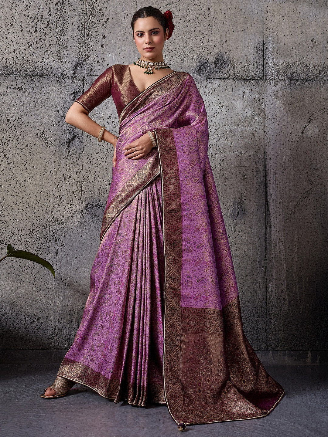 Elegant Purple Kanjivaram Silk Saree with Meenakari Weave & Maroon Border - Image 1