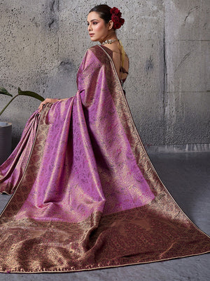 Elegant Purple Kanjivaram Silk Saree with Meenakari Weave & Maroon Border - Image 2